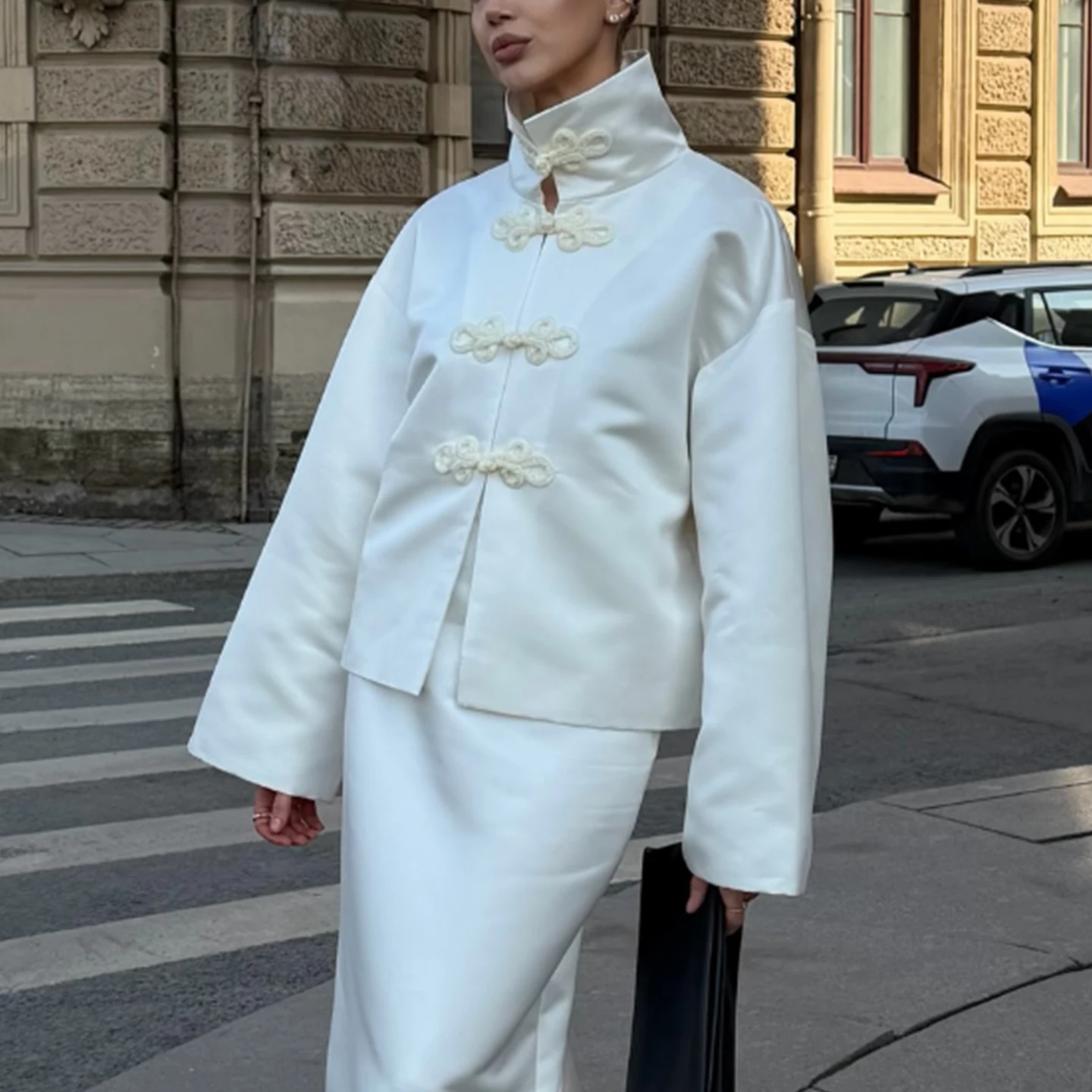 Women's Handmade Long Sleeve Loose Coat Stand Collar Button up Fashionable Versatile Autumn Wear Standard Fit Zadata