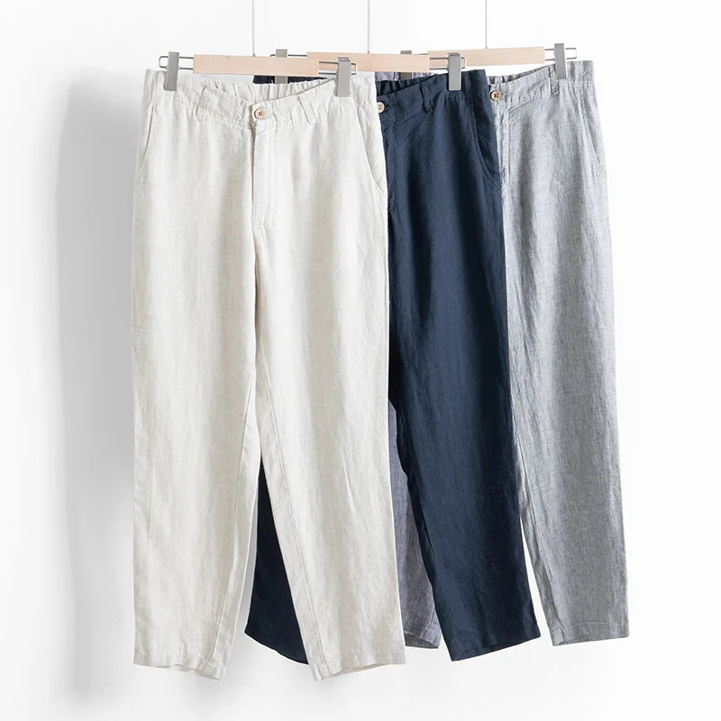 

Mens Casual Premium 100% Linen Pants Loose Fit Straight-Legs Elastic Drawstring Waist Summer Beach Yoga Long Pants