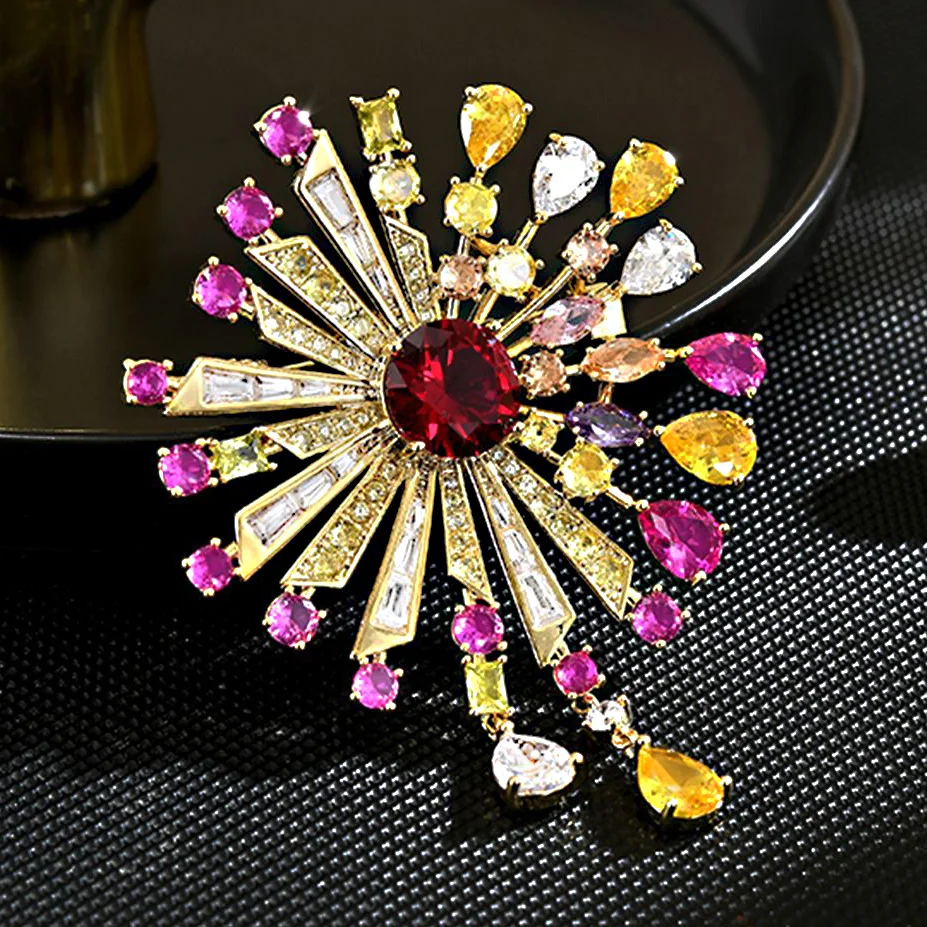

Light Luxury Full Colorful Cubic Zirconia Tassel Pendant Flower Brooch Elegant Design Temperament Gorgeous Accessories for Women