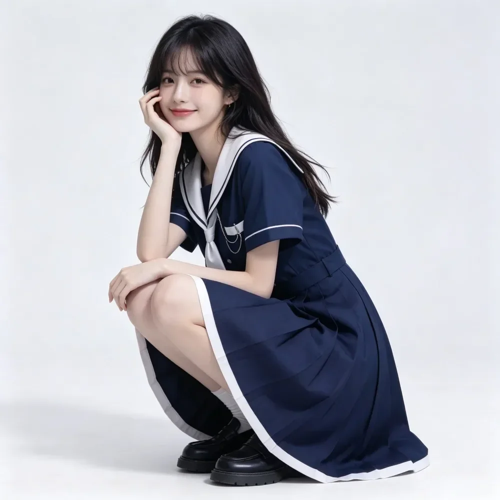 Slim Waist Japanese JK Sailor Dress, Mid-Long A-Line Pleated School Uniform for Women, Daily Campus Outfit&Anime Cosplay Costume