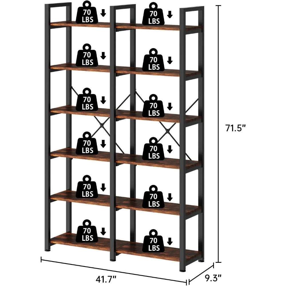 oneinmil Double Wide 6-Tier Bookcase, Industrial Bookshelf with Metal Frame, Open Large Book Shelf, Wood and Tall Display Shelve