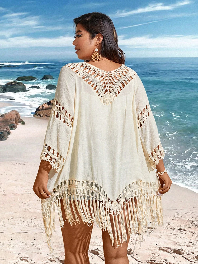 Plus Size Beach Tropical Tassels Cover-Up Kimono Crochet Sun Protection Swimsuit Robe Bathing Suit Beach Cover Up Smock Swimsuit