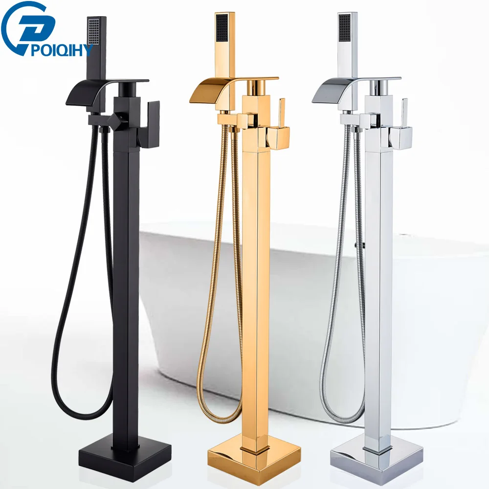 

Chrome Floor Mounted Bathtub Shower Faucet Swivel Waterfall Spout free standing bathroom Crane Black Bath Shower Mixer Tap