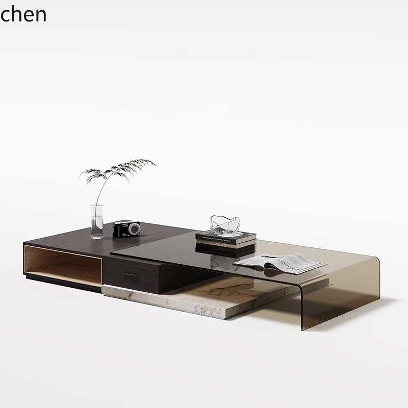 HXL Natural marble coffee table, glass, solid wood combination, light luxury, stretchable, creative Wabisha style