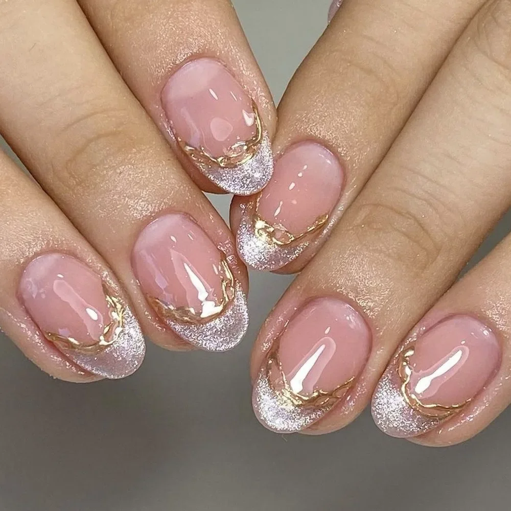 

24PCS 3D Golden French False Nails Simple Glitter Cat Eye Glossy Short Almond Press on Nails Full Cover Detachable Manicure Tips