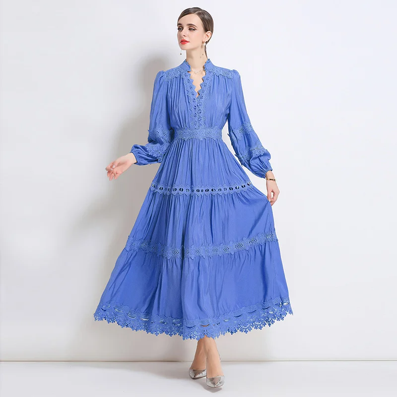 Wysokiej jakości letnia jesienna sukienka maxi z długim rękawem, haftowana koszula damska, elegancka sukienka biurowa z wycięciami, modne i eleganckie vestidos.