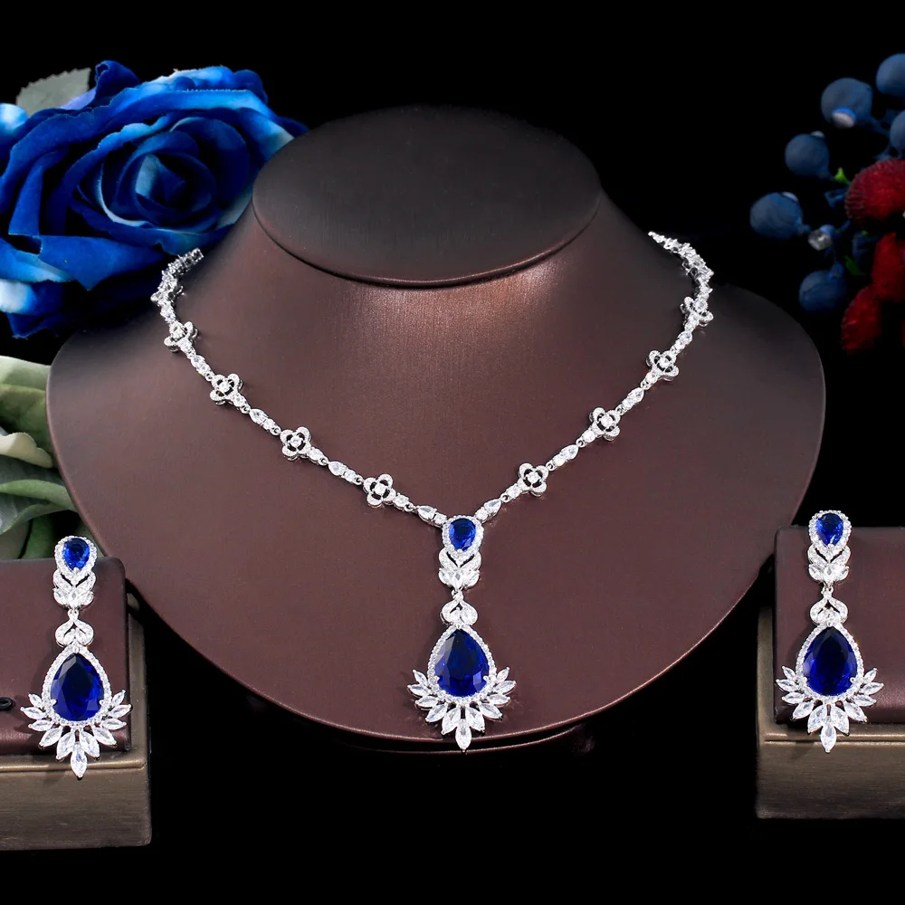 ThreeGraces Fashion Blue Cubic Zirconia Silver Color Long Drop Earrings and Necklace Bridal Wedding Jewelry Set for Women TZ935