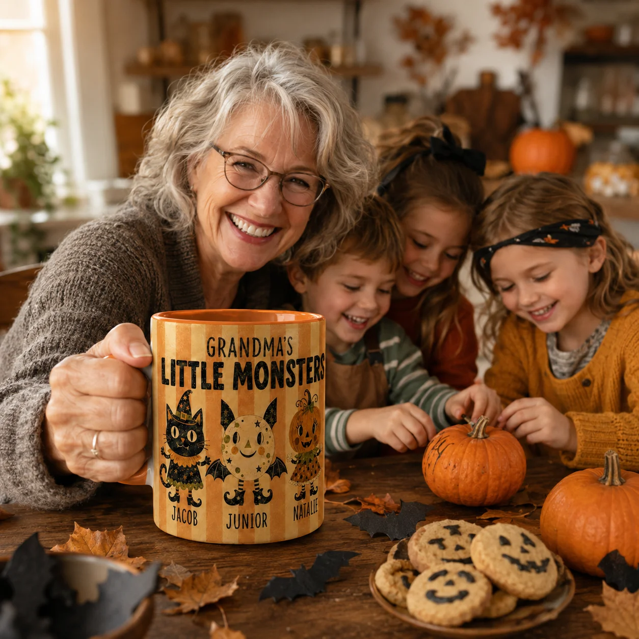 Personalized Grandchildren Halloween Mug Water Cups Custom Grandma Little Monsters Cup Design Names Fall Spooky Gift Ceramic Mug