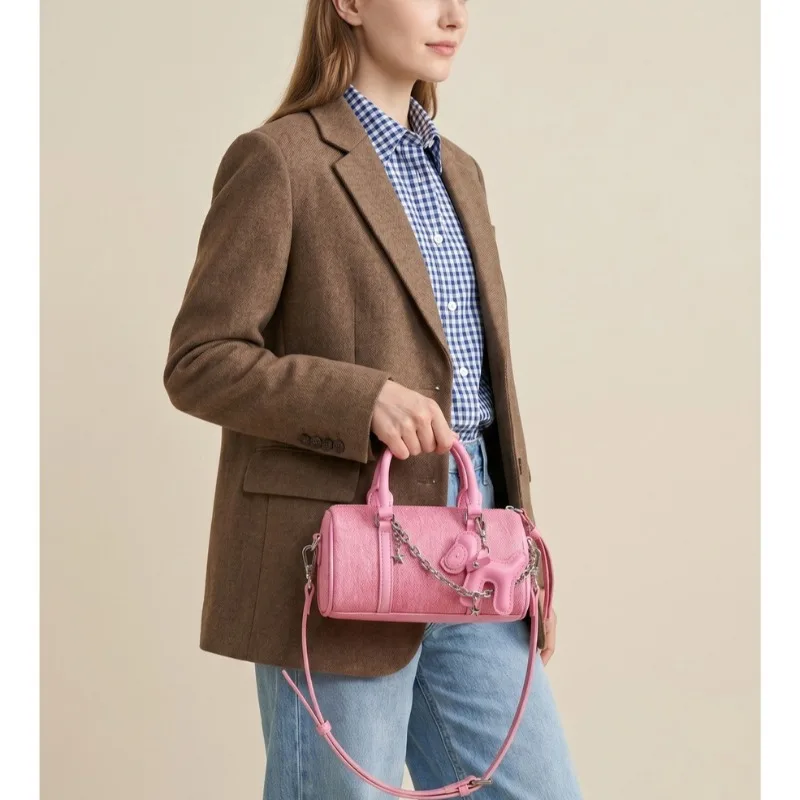 Women Washed Denim Mini Boston Papillon Bag Niche Design Chain Crossbody Handbag with Cowhide Dog Charm