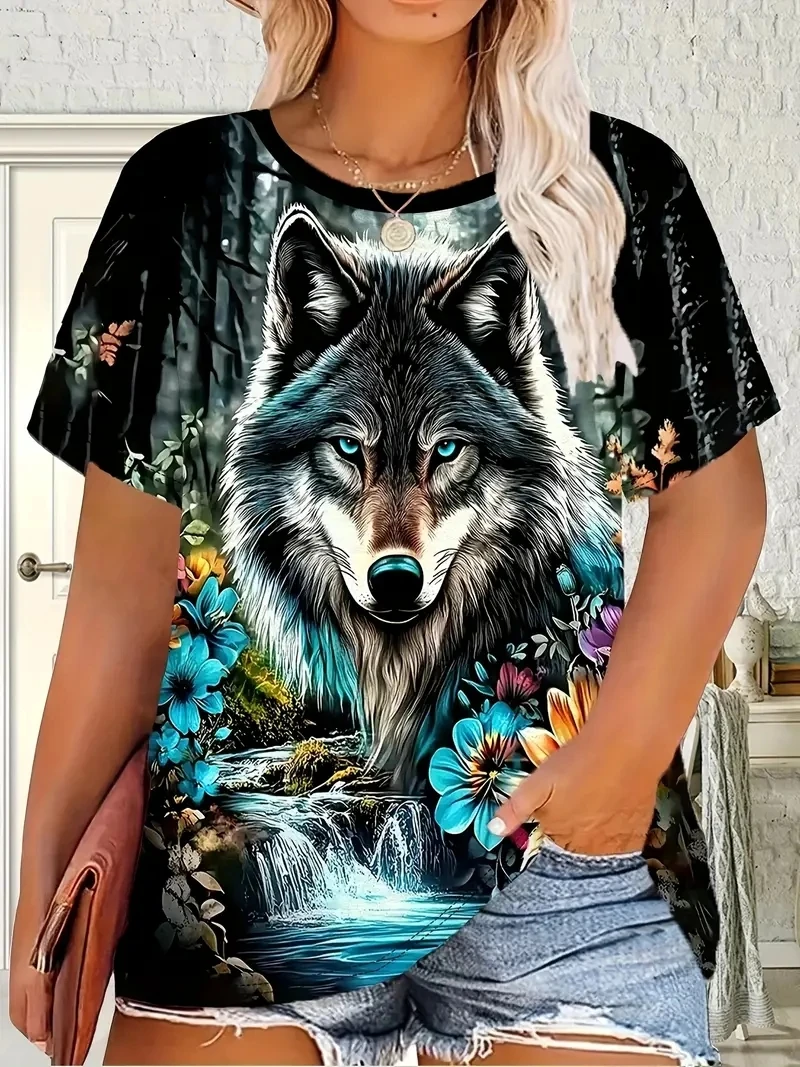 

Women's Plus Size 3D Wolf Print Short Sleeved T-shirt,loose and Casual, Soft, Comfortable and Breathable,suitable Outdoor Sports