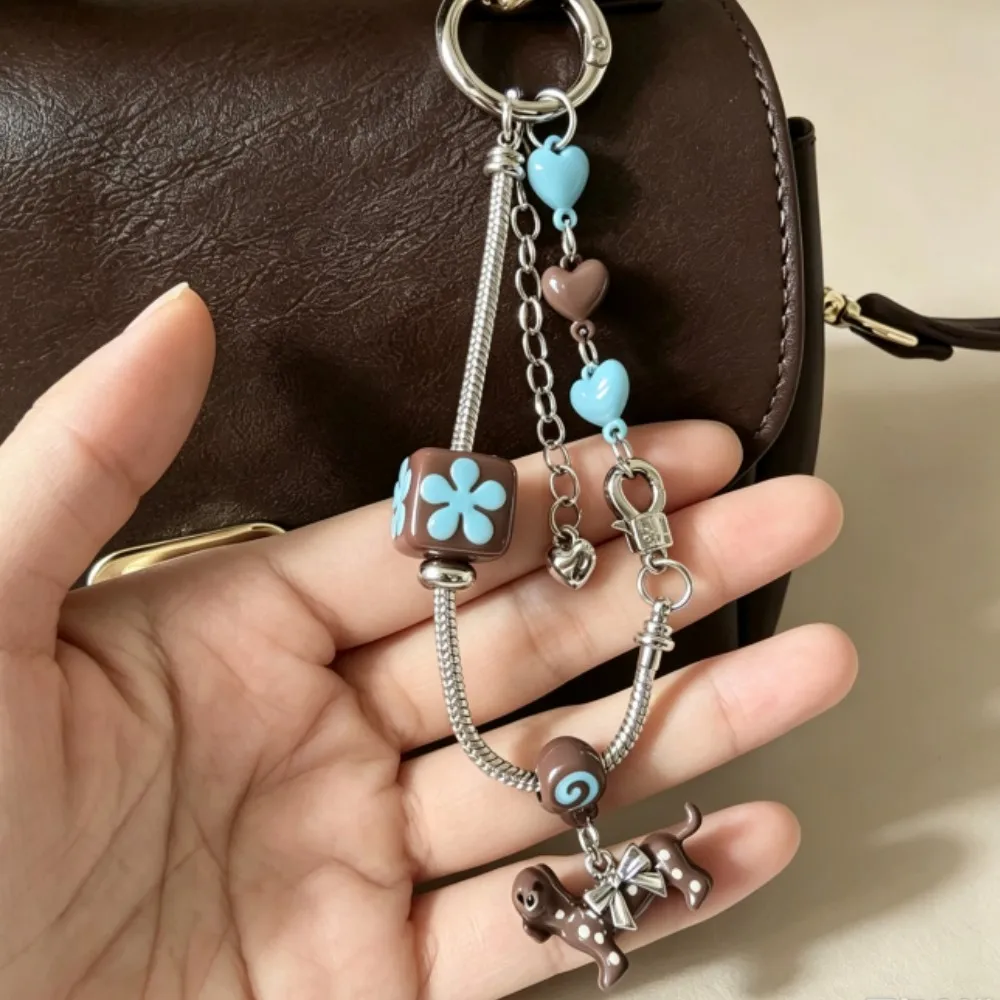 Cute Puppy Bag Charm Keychain, Brown Blue Heart Pendant, Multi-use Handbag Phone Key Ring, Y2K Aesthetic Women Fashion Accessory