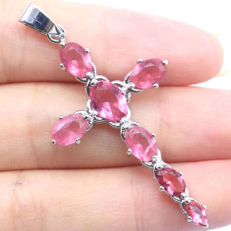 54x27mm 4.4g Long Cross Pink Tourmaline Green Emerald Smoky Topaz White Sapphire Silver Pendant