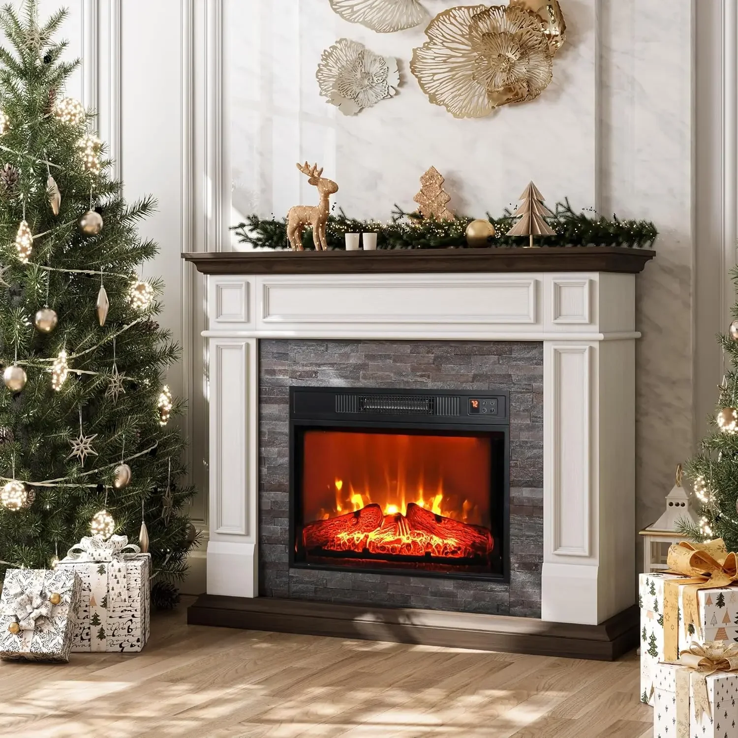 44 Inches Electric Fireplace with Mantel, Portable Freestanding Wood Stove Heater, Realistic 3D Dancing Flame Effect and Stacked