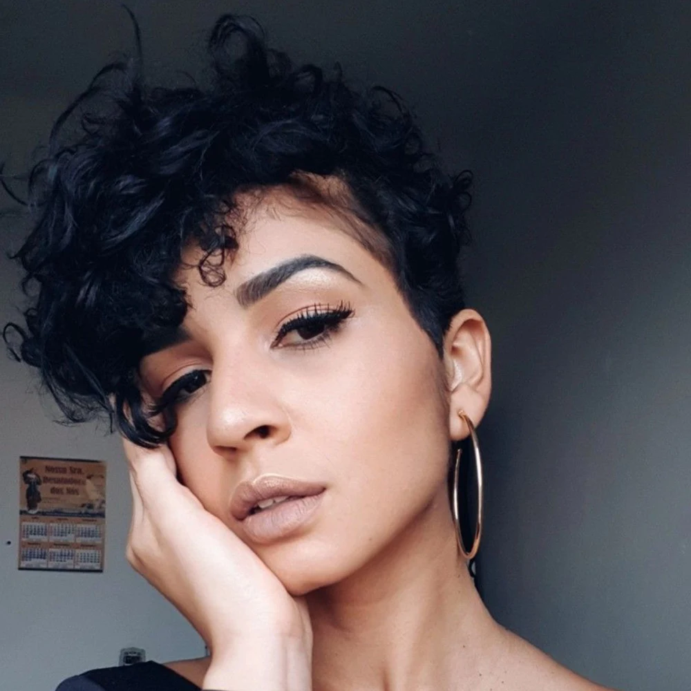 Black Short Curly Pixie Wigs Human Hair 100% Natural Realistic Full Machine Made For Women Bouncy Curl Style Trendy Daily