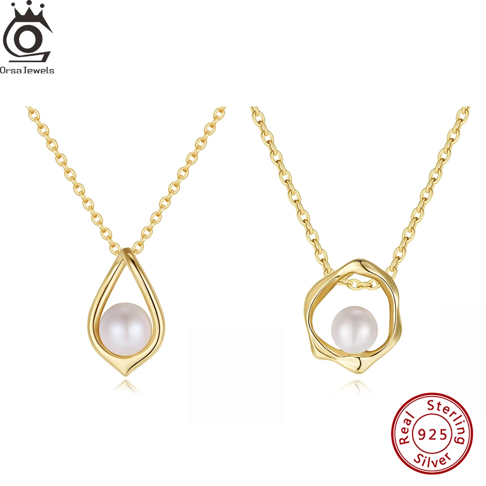 

ORSA JEWELS 925 Sterling Silver Freshwater Pearl Pendant Necklace 14k Gold Hollow Geometric Choker Chain with White Pearl GPN40