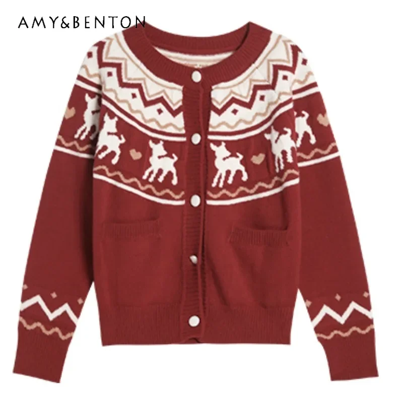 2024 Winter Fair Island Vintage Crew Neck Knitted Cardigan Ambience Red Christmas Sweater Fashionable and versatile Jacket Women