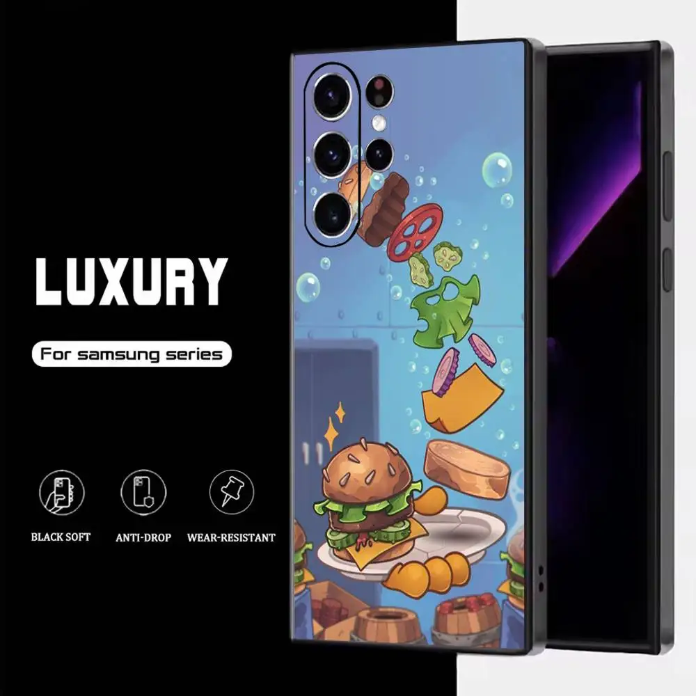 B-Bikini Bottom burgers Fries حافظة هاتف لهاتف سامسونج S25، S24، S23، S22، S21، S20، S10، Ultra، Plus، Lite، FE، غطاء أسود من السيليكون الناعم