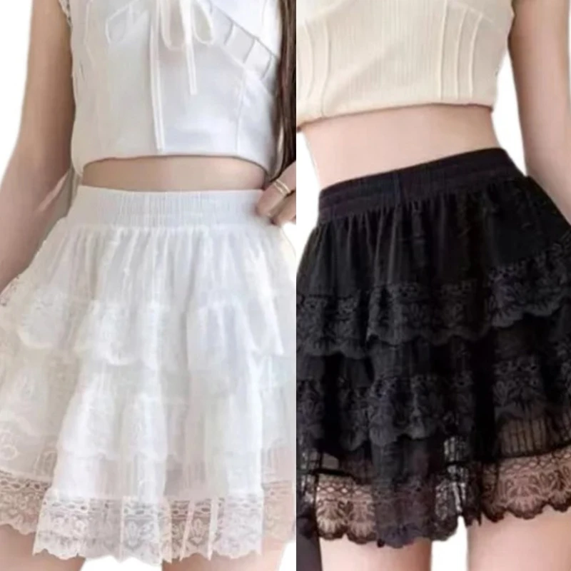 Womens Tiered Ruffled Lace Shorts Underpants for Under Dresses Solid Color Half Slip Frilly Wide Leg Safety Cake Pant