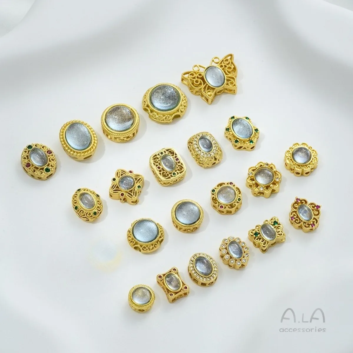 Brass Matte Gold Plated Imitated Cat Eye Aquamarine Multi Hole Spacer Beads DIY Jewelry Making Findings