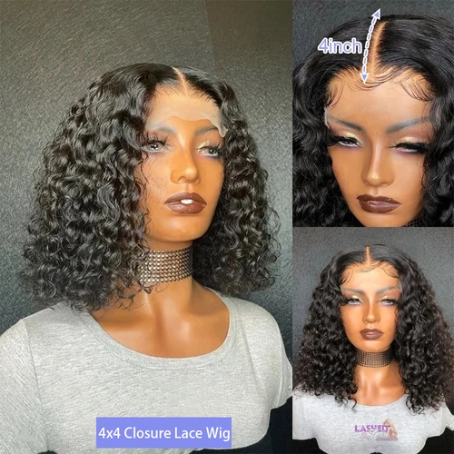 Imagen 2 del producto Pelucas Bob rizadas y rizadas negras naturales, pelucas de cabello humano con encaje Frontal 4x4, peluca corta ondulada profunda Frontal 13x4 prearrancada brasileña