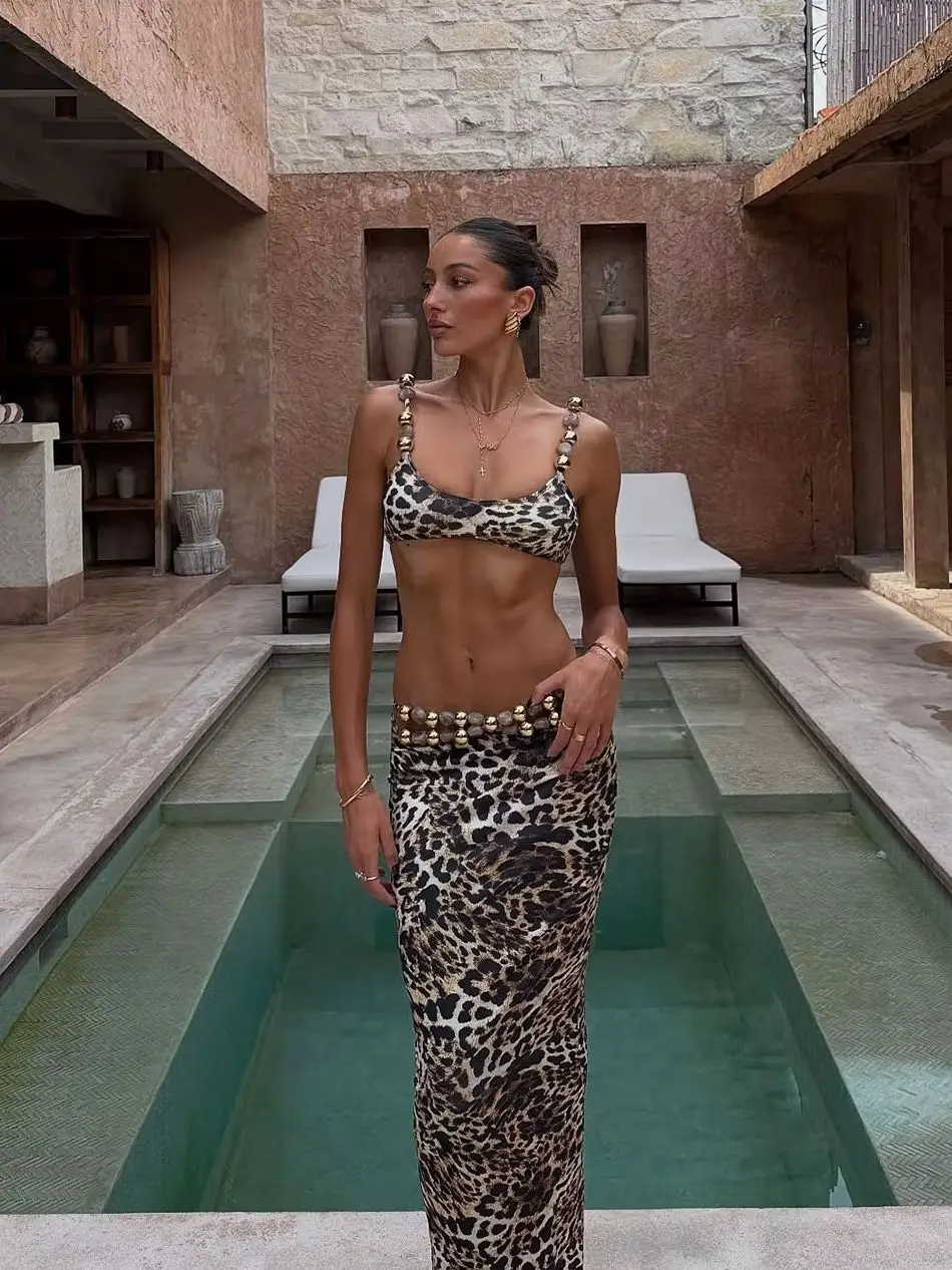 Fashion Leopard Printed Bikini With Skirt Set Women 3Pcs Swimsuit Luxury Lady Beaded Detail Biquini Swimwear Mujer Bathing Suit
