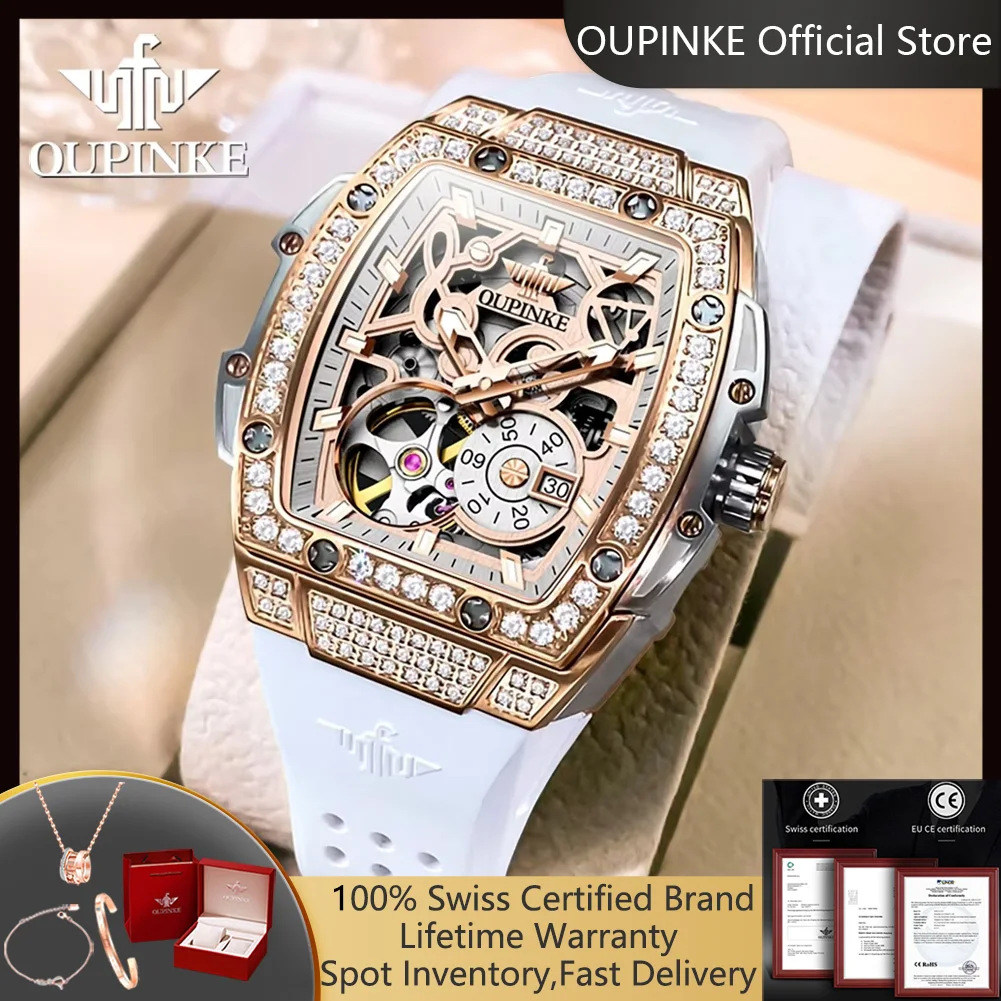 OUPINKE 3220 Ladies Watches Original Luxury Automatic Mechanical Watch 50M Waterproof Luminous Skeleton Watches for Women Gifts