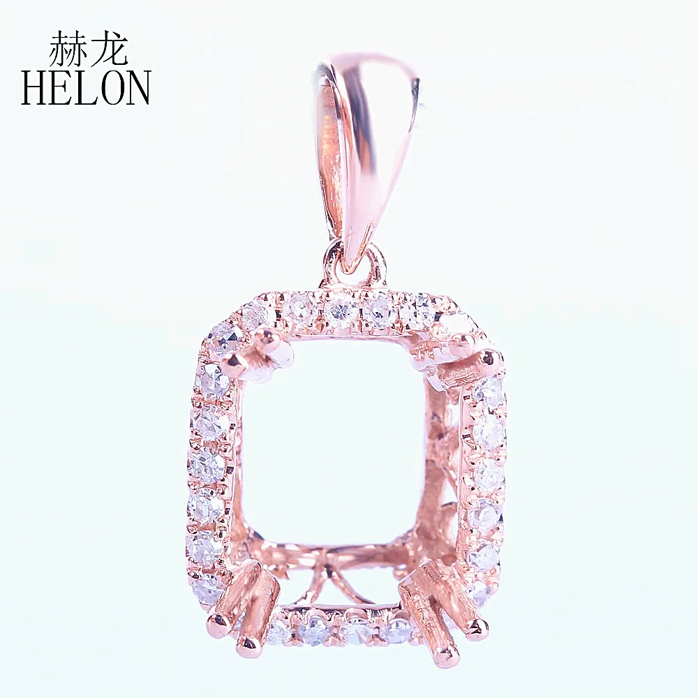 HELON Solid 14k 10K Rose Gold Engagement Wedding Natural Diamond Trendy Vintage Jewelry Semi Mount Pendant Fit 8x6mm Emerald Cut