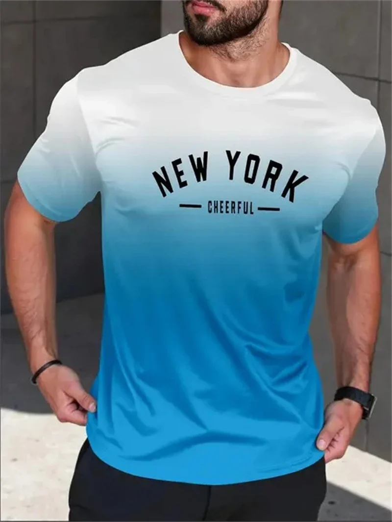 Herren New York Blau Farbverlauf Bedrucktes T-Shirt Rundhals Kurzarm Lässiges Streetwear Atmungsaktives Oberteil