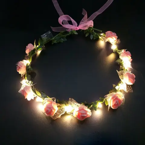 Hawaii LED Light Luminous Headband Artificial Flower Glow Light Up Garland Crown Wreath Wedding Hairband Women Girl Headress