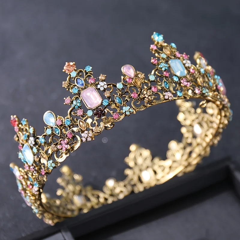 Baroque Vintage Crown Colorful Crystal Rhinestone Crowns And Tiaras Diadem Headband For Women Wedding Bridal Hair Accessories