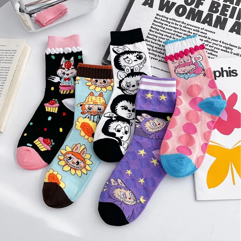 5 Pairs Labubu Socks Female High Quality Fall And Winter New Cartoon Combed Cotton Mid-calf Men's and Women's Socks Average Size