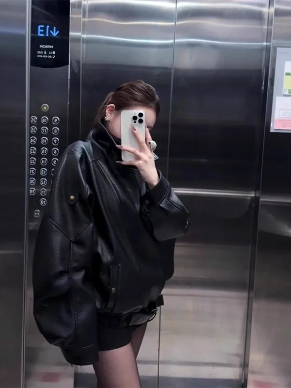 Bla Leder Jaet Damen ort Sle Cool und Rot Frühling Herbst Neuankömmling Motorrad Vintage gepolsterter PU-Ledermantel