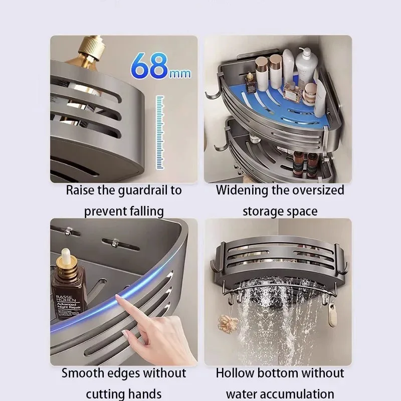 Une série de supports d'angle de salle de bain sans trous, supports de rangement pour shampoing et cosmétiques, ainsi que supports de rangement de cuisine en plastique