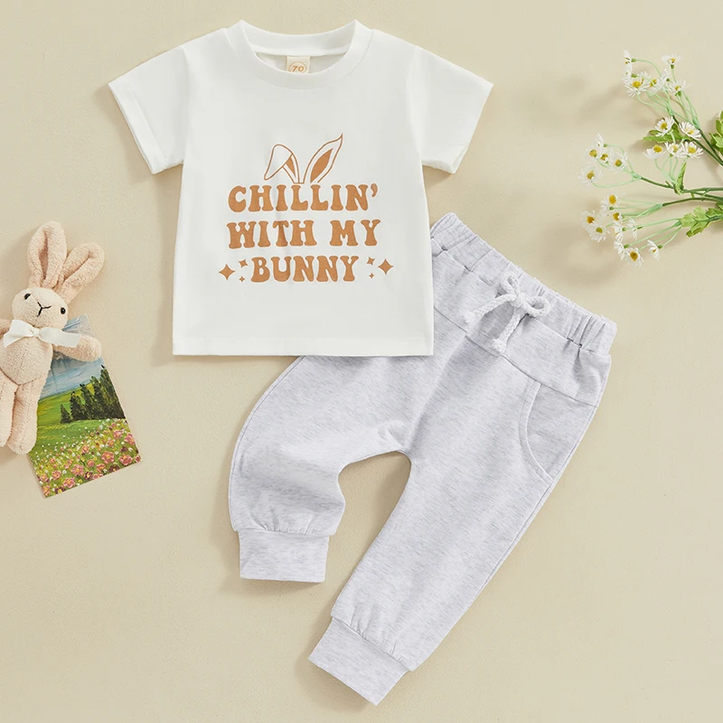 

Baby Boys 2-piece Outfit Short Sleeve Crew Neck Letters Print T-shirt with Long Pants Summer Easter Outfit