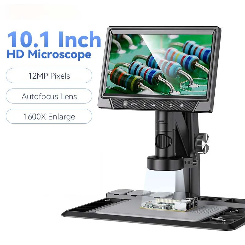 Microscopio Digital 1600X, Microscopio Electrónico de Video de 12MP, Pantalla IPS de 10.1 Pulgadas, Microscopio de Soldadura con 30 LED y 3000mAH
