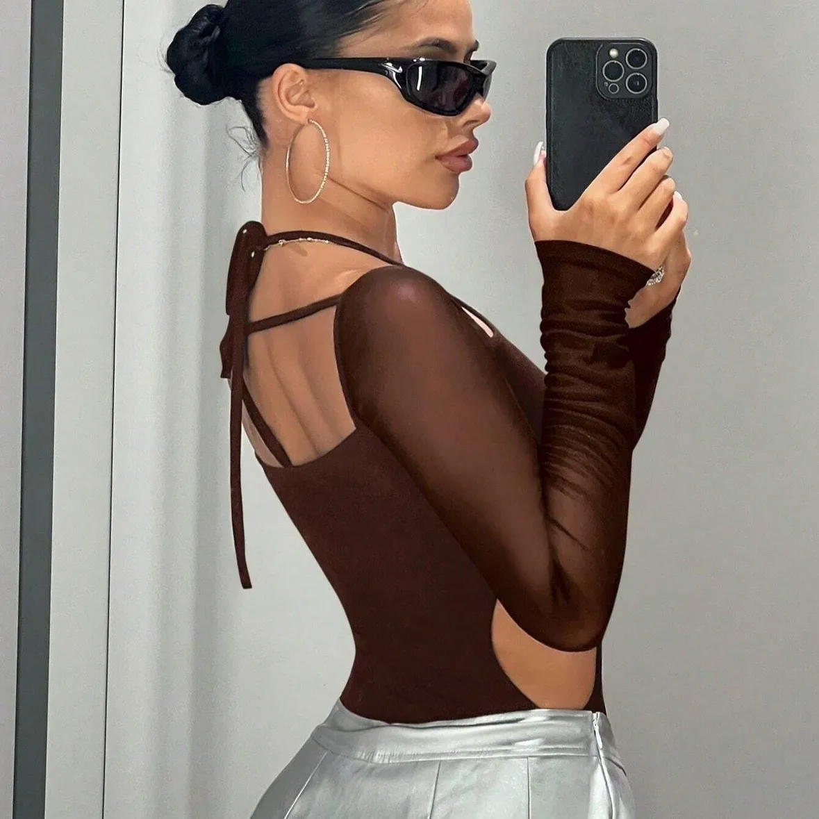Sexy Spicy Hot Girl Women Brown Summer Design Sexy Hollow Out Long Sleeve Slimming Lace up Top Slim Fit Jumpsuit Fashion Summer