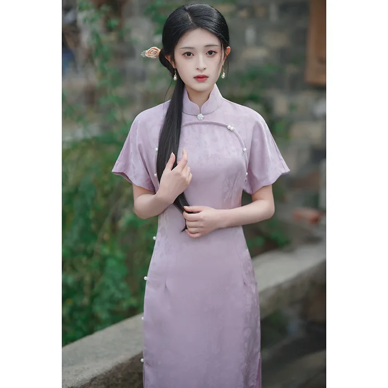 

2023 Summer Purple Long Cheongsam Dress Vintage Slim Dress Women Loose Sleeve Elegant Evening Party Dresses S To XXL