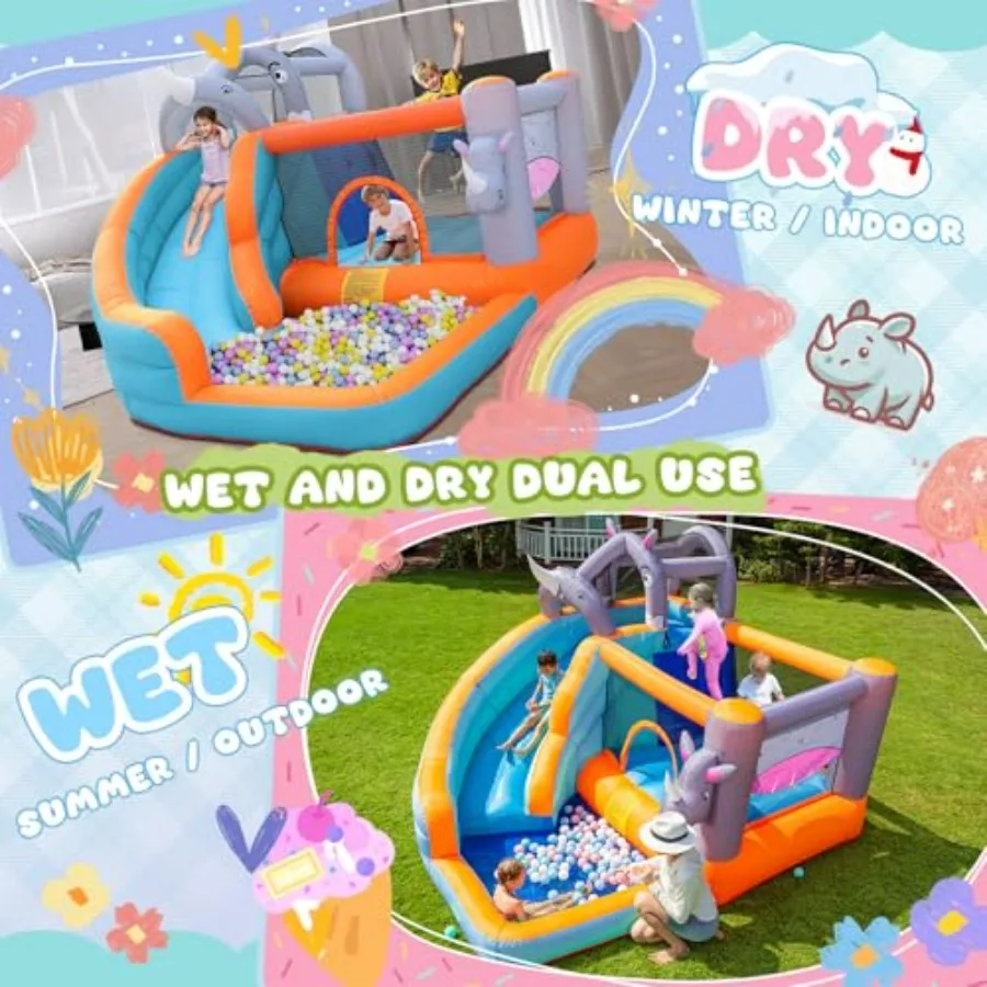 Backyard inflatable bounce house for kids, PVC material, blue and yellow, includes water slide, ball pit, and obstacle course