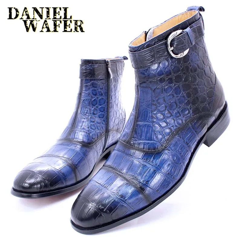 Luxury Ankle Boots Mens Dress Shoes Black Brown Blue Crocodile Print Genuine Leather Zip Buckle Wedding Office Chelsea Boots Men