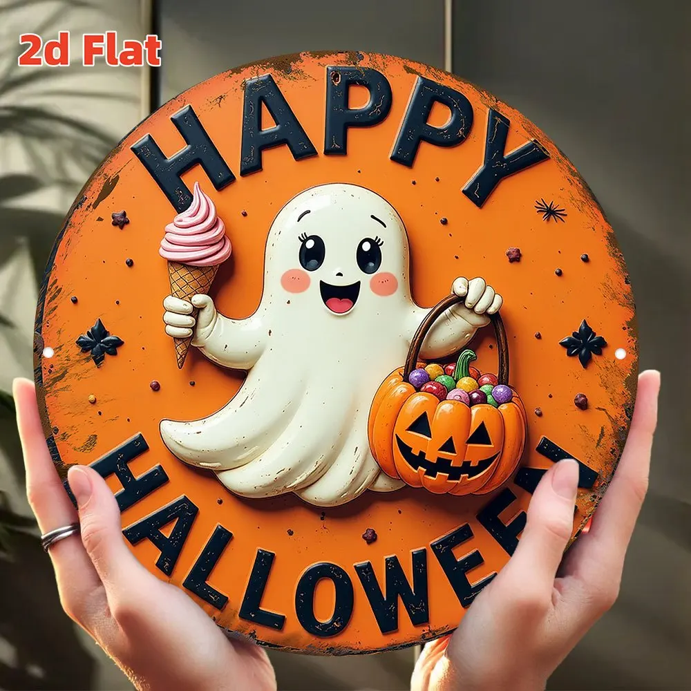 Decoración de pared plana 2D, plana 2D para Halloween, letrero redondo de metal de aluminio de 19,81 cm con diseño lindo, de hielo y calabaza, colgante interior duradero
