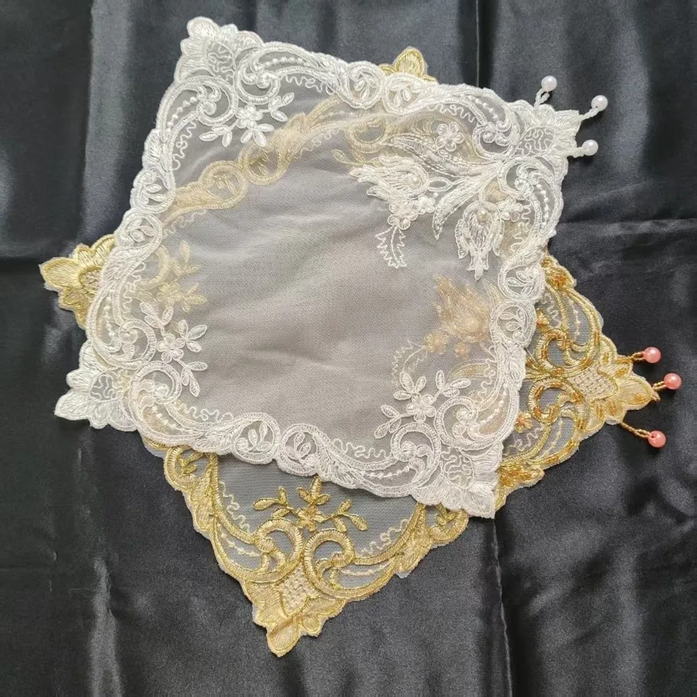 28cm Embroidery Placemats Square Shape Mesh Fabric Floral Doily Mats Flower Embroidery European Style Embroidered Handkerchief