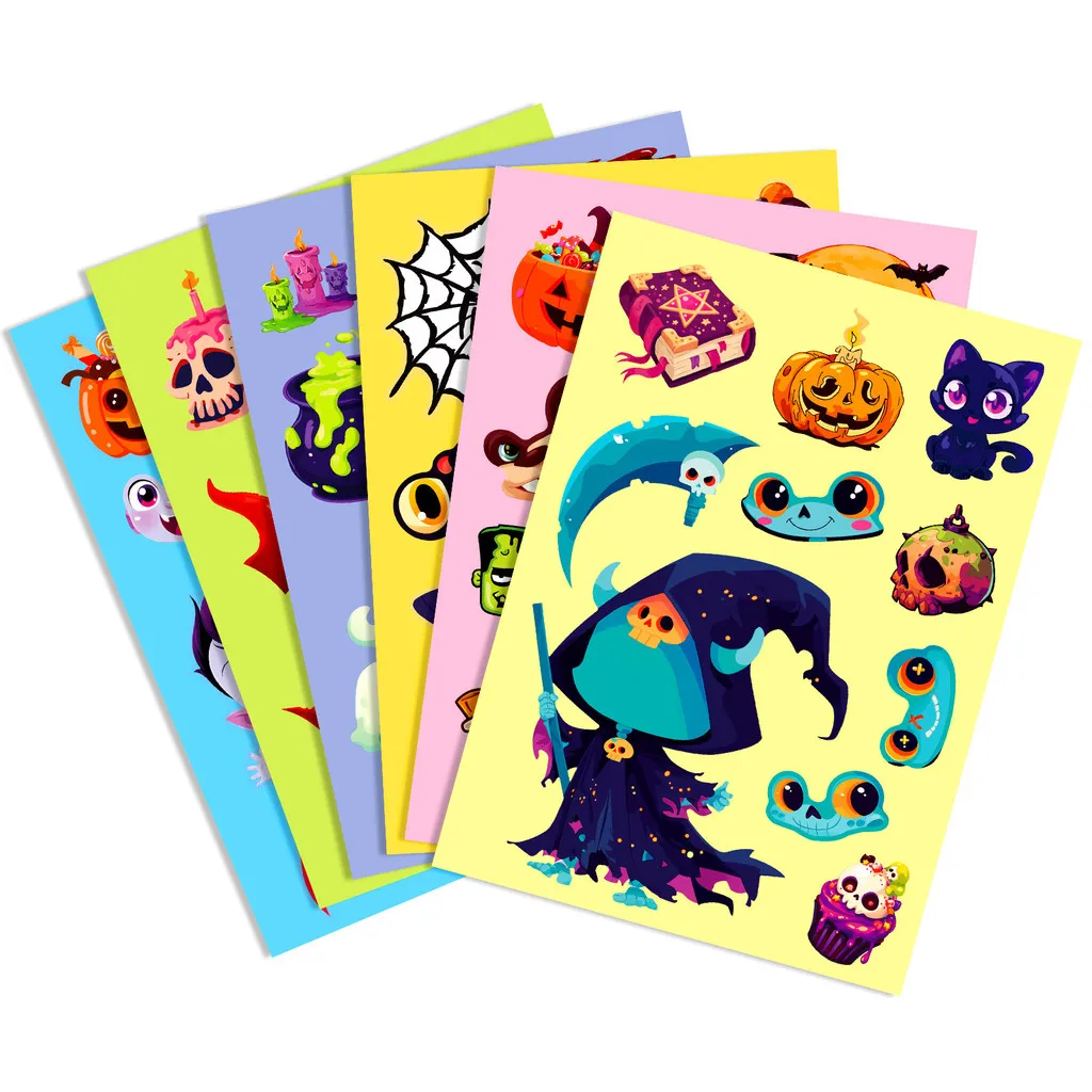 Halloween Mix‑Match Puzzle Sticker Set 6 Sheets Cartoon Graffiti Black Cat Vampire Themed Decals RecordingYourLife Store