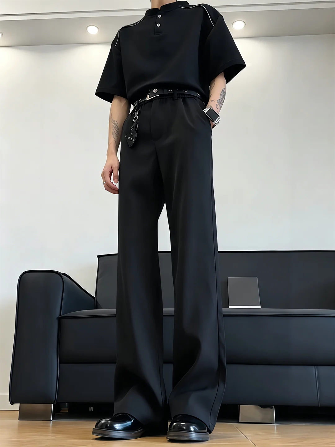 British Style Slim Fit Black Ice Silk Men's Summer Straight Leg Pants Draped Micro Flared Long Trousers Fashionable Casual Wear