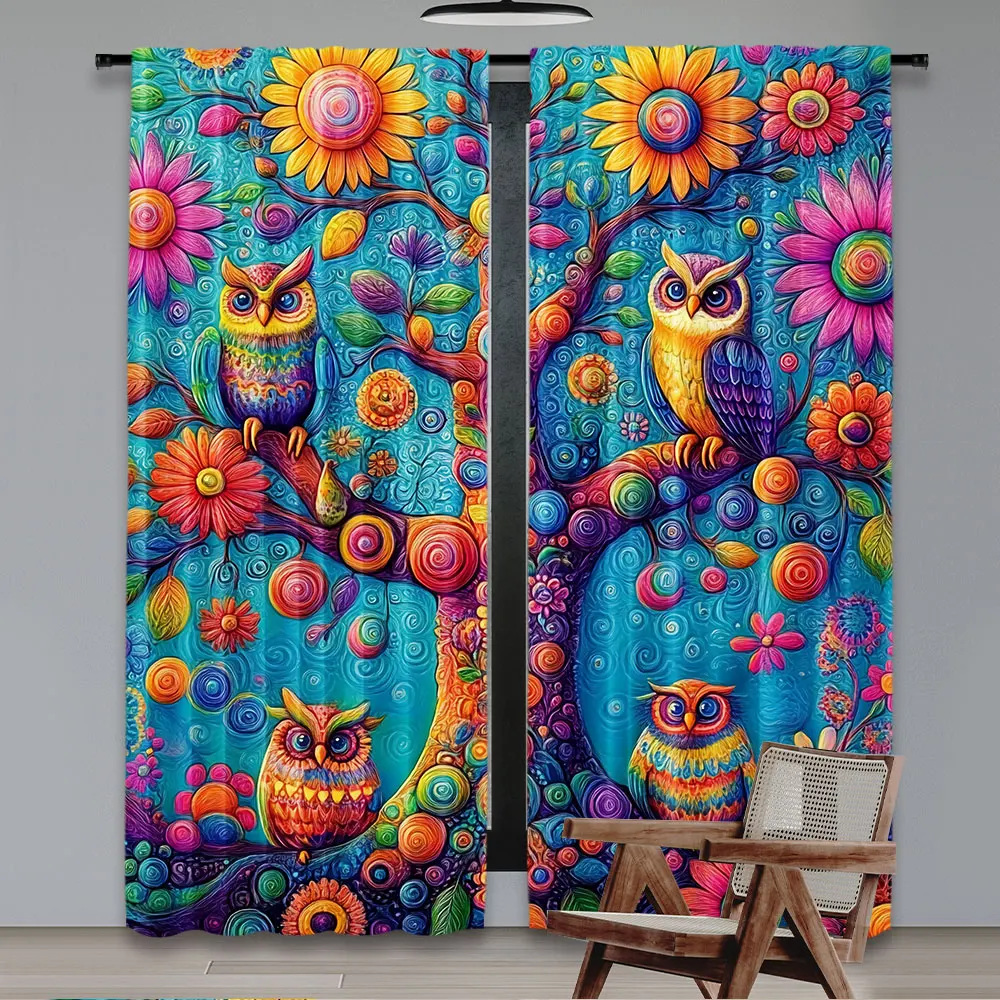 2Pcs Colorful Curtain Oriental Floral Atmosphere Tree With Jumbling Vines And Owls Suitable For Bedroom Bathroom Dining Room