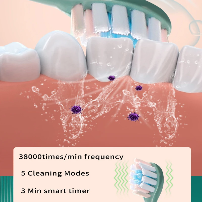 Cepillo de dientes eléctrico sónico con caja de viaje para adultos, recargable por USB, cabezales con temporizador inteligente, 5 modos