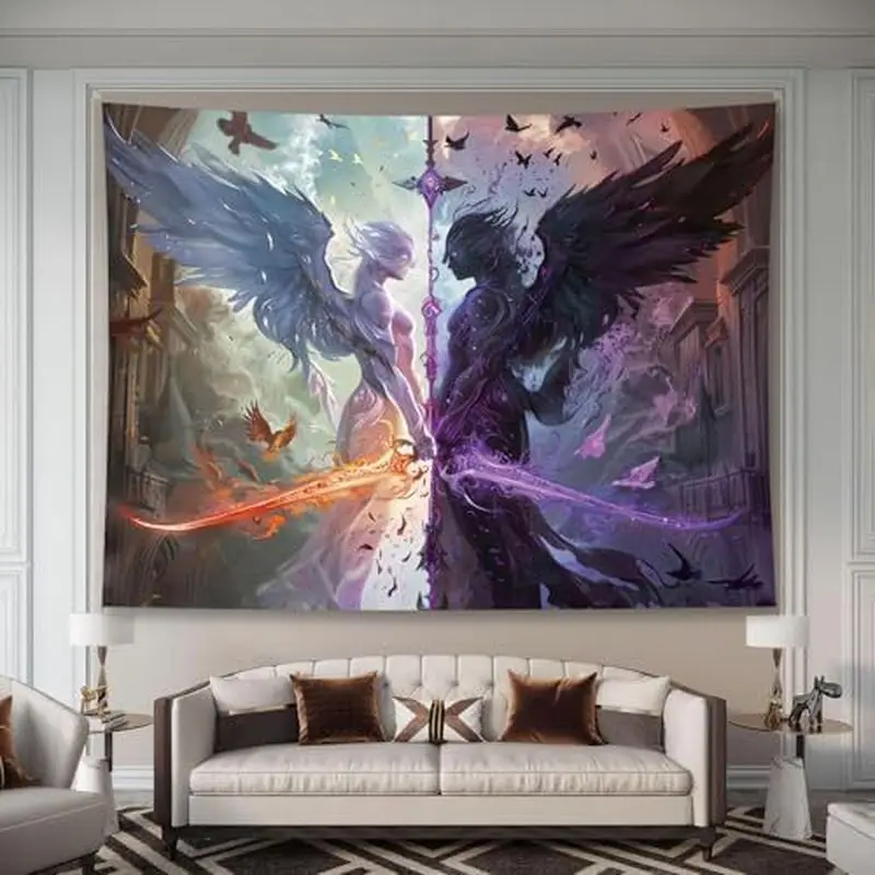 VIKAMA Angel Demon Sword Duel Wall Tapestry Gothic Fantasy Dark Art Mythology Home Decor Premium Quality Soft Durable Cozy Gift