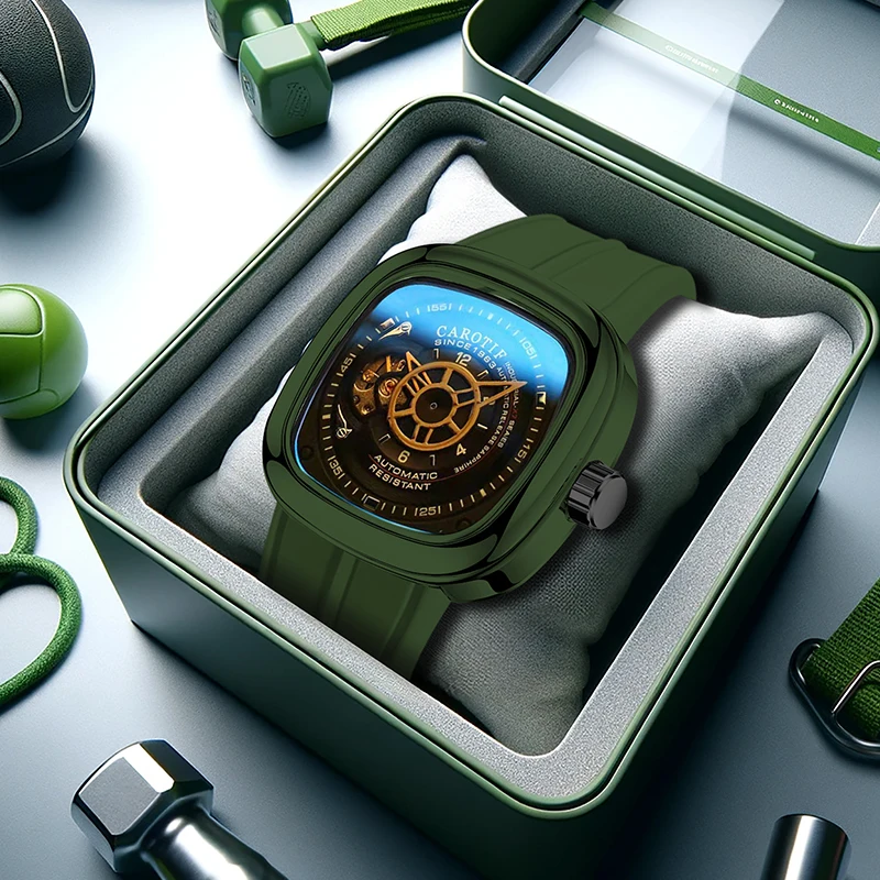 

Мужские зеленые спортивные и стильные механические часы с квадратным ремешком.