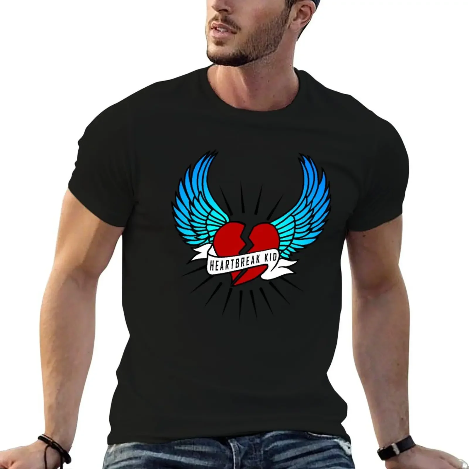 

Heartbreak Kid - blue wings, black broken heart T-Shirt graphic shirts Short sleeve tee men tshirt