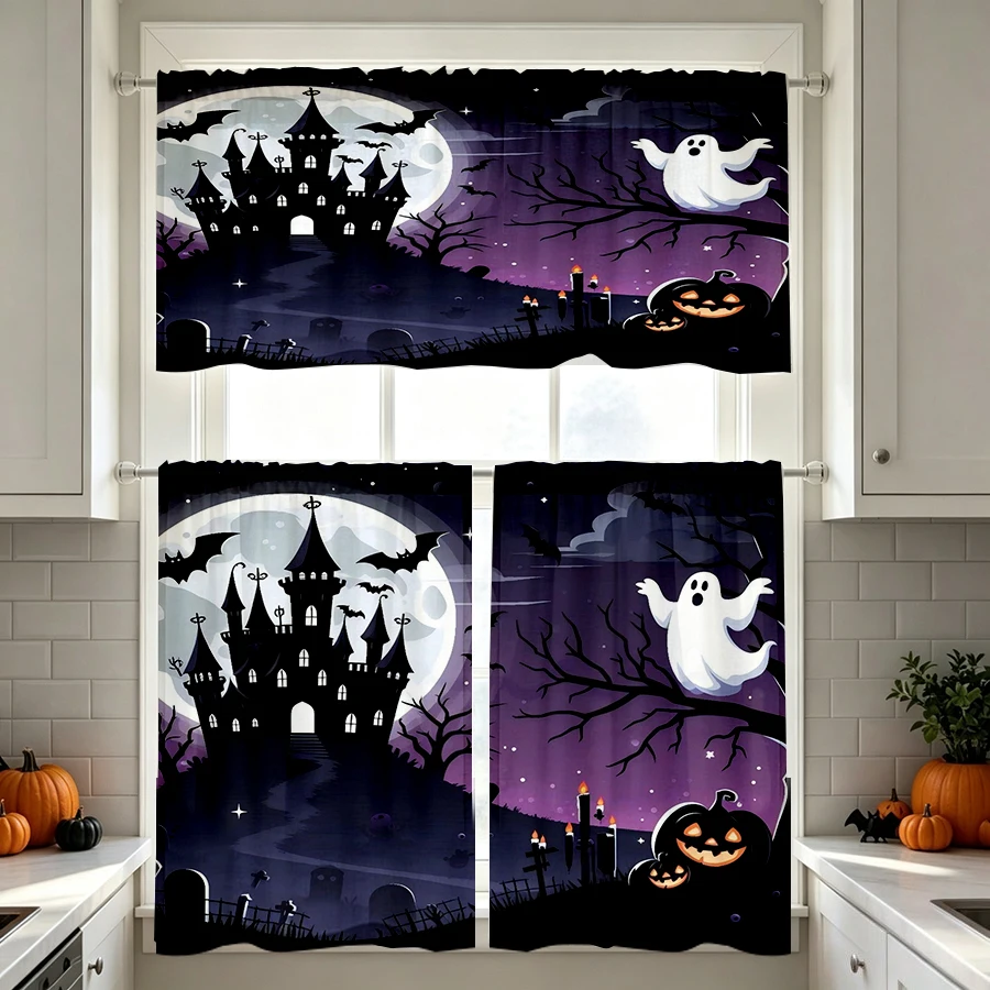 Halloween Fall Kitchen Curtains, Haunted Castle Pumpkin, Digital Print, Kitchen Dining Room, Rod Pocket Polyester, Home Decor