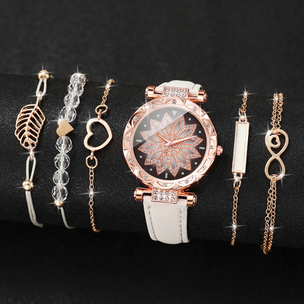 6PCS/Set Women\'s Watch Fashion Rhinestone Flower Dial Quartz Watches Bracelets Set（Without Box）